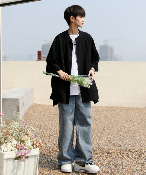 neos（ネオス）の「【neos -addictive design-】ビッグシルエット ノーカラー ドルマン ハーフスリーブ チャイナシャツ（シャツ/ブラウス・メンズ・ホワイト/ブラック/ベージュ/グレー・MEDIUM/LARGE）」の11枚目の写真