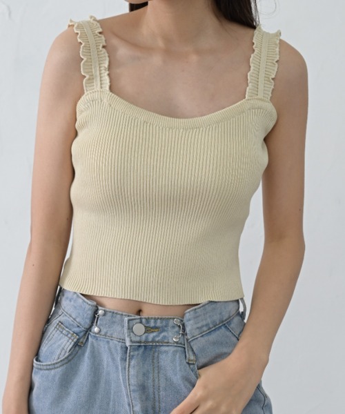 ibeul_(イベール)の「ワイドフリルストラップ ニットキャミソール(キャミソール・レディース・ホワイト/ブラック/ベージュ/ブルー・FREE)」の3枚目の写真