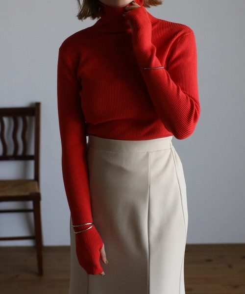 r.（アールドット）の「リブニット フィンガーホール タートル PO（ニット/セーター・レディース・ブラック/ピンク/オレンジ/ブルー/グリーン/モカ/キナリ/グレー/レッド・FREE）」の9枚目の写真