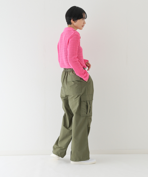 MUY-PAPAWAREHOUSE ワイド・カーゴパンツ　カーキ　W33 マルチポケットカーゴパンツ メンズ ワイドカーゴ ミリタリー