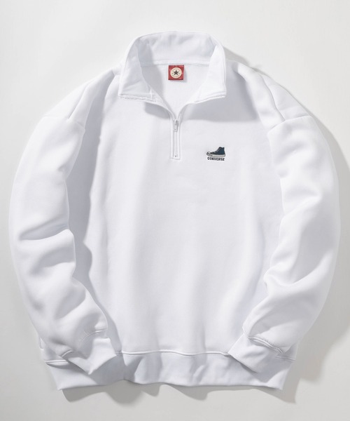 CONVERSE（コンバース）の「【CONVERSE/コンバース】ブランドアーチロゴプリント＆ワンポイント刺繍 リブライン ハーフジップ ジャージスウェット/トラックジャケット/ビッグシルエット/裏起毛（ジャージ・レディース・ホワイト/チャコールグレー/アッシュグレー/ブラック/ネイビー/グリーン/ホワイト系その他/グレー系その他/グリーン系その他/ダークブルー/ダークグレー/ダークネイビー/ライトグレー/ヘザーグレー/スミクロ・M/L/XL）」の2枚目の写真