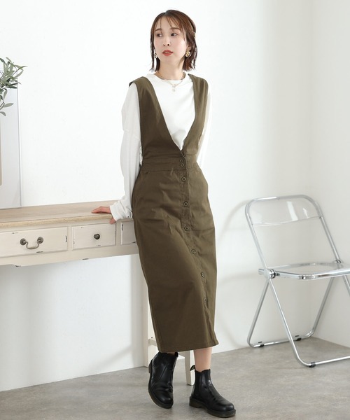 ElegChic(エレグシック)の「フロントボタンジャンパーツイル スカート (サロペット/オーバーオール・レディース・ブラック/カーキ/ベージュ・4L/L/XL/3L/M)」の15枚目の写真