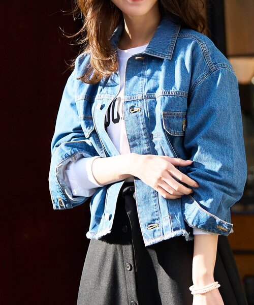 Cutie Blonde（キューティーブロンド）の「◆やわらかデニム【セットアップ可】裾フリンジGジャン（デニムジャケット・レディース・ダークネイビー/ブルー・01/02/03）」の21枚目の写真