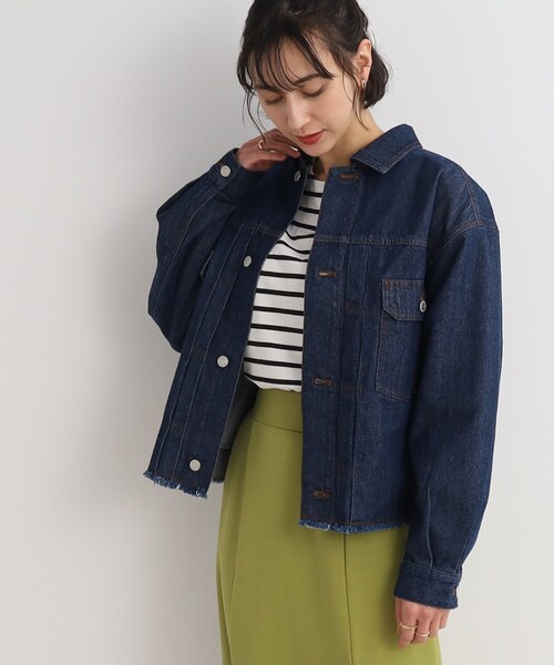 Cutie Blonde（キューティーブロンド）の「◆やわらかデニム【セットアップ可】裾フリンジGジャン（デニムジャケット・レディース・ダークネイビー/ブルー・01/02/03）」の16枚目の写真