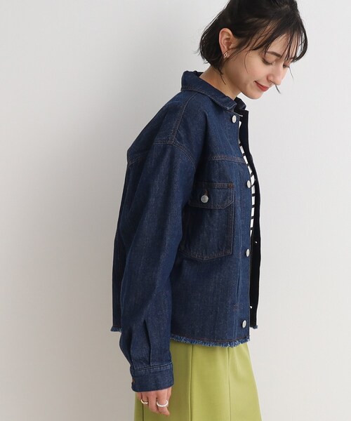 Cutie Blonde（キューティーブロンド）の「◆やわらかデニム【セットアップ可】裾フリンジGジャン（デニムジャケット・レディース・ダークネイビー/ブルー・01/02/03）」の19枚目の写真