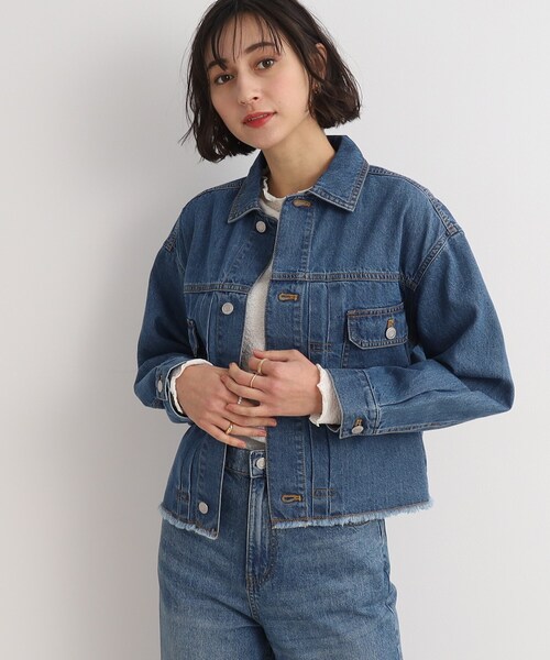 Cutie Blonde（キューティーブロンド）の「◆やわらかデニム【セットアップ可】裾フリンジGジャン（デニムジャケット・レディース・ダークネイビー/ブルー・01/02/03）」の20枚目の写真