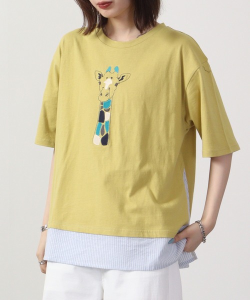 tシャツ EMAGO キリンパッチワーク刺繍T 六分袖 レディース EMAGO キリンパッチワーク刺繍T 六分袖（Tシャツ/カットソー