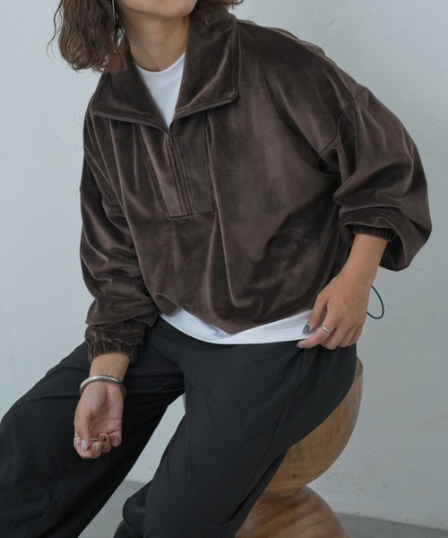 Franklin Climbing（フランクリンクライミング）の「【Retreat】ダウニーベロアハーフZIPドロストプルオーバー（スウェット・レディース・マスタード/スカイブルー/ブラウン・ONE SIZE）」の12枚目の写真