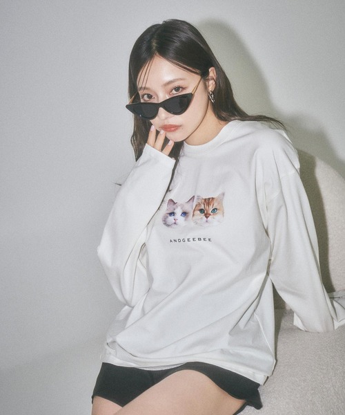 ANDGEEBEE（アンジービー）の「UNISEX キャットプリントロンT（Tシャツ/カットソー・レディース・ホワイト/グレー・MEDIUM）」の8枚目の写真