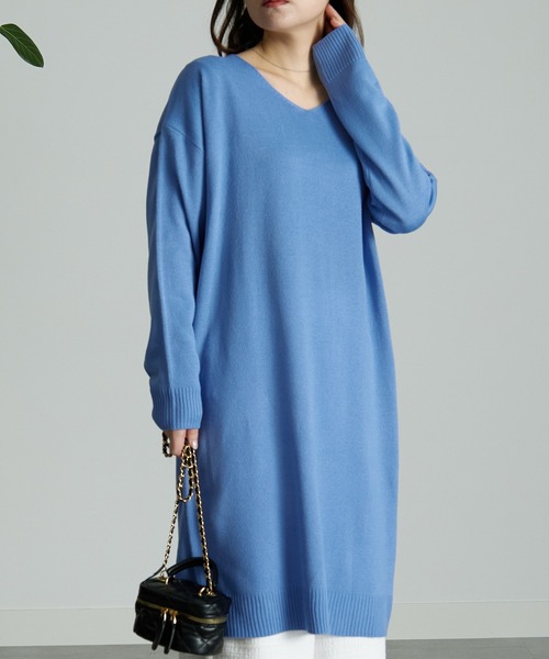 RANAN（ラナン）の「[ウォッシャブル]カシミヤタッチVネックニットワンピース（ワンピース・レディース・ブルー/ブラック/ピンク/グレイッシュベージュ/アイボリー/ネイビー/グレイッシュブルー/グリーン・LL/L/M）」の6枚目の写真