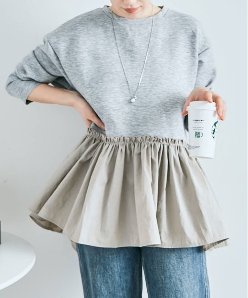 kirakiraShop(キラキラショップ)の「異素材 ペプラム ダンボール プルオーバー(スウェット・レディース・杢グレー/ブラック/オフホワイト/カーキ/ネイビー・FREE)」の3枚目の写真