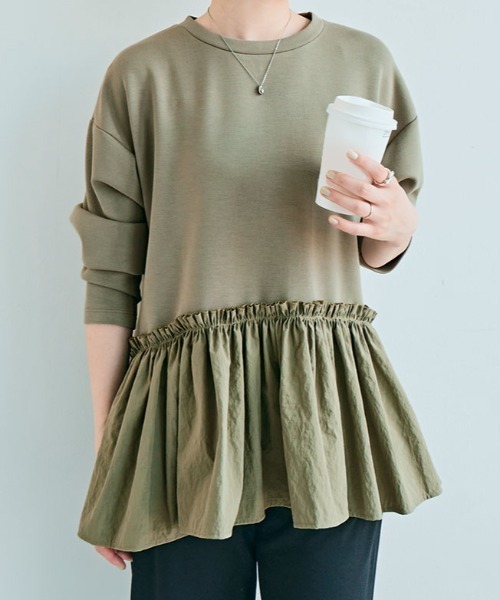 kirakiraShop(キラキラショップ)の「異素材 ペプラム ダンボール プルオーバー(スウェット・レディース・杢グレー/ブラック/オフホワイト/カーキ/ネイビー・FREE)」の4枚目の写真