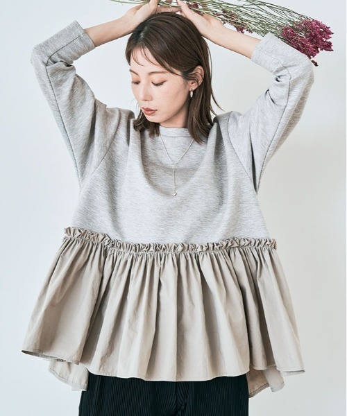 kirakiraShop(キラキラショップ)の「異素材 ペプラム ダンボール プルオーバー(スウェット・レディース・杢グレー/ブラック/オフホワイト/カーキ/ネイビー・FREE)」の15枚目の写真