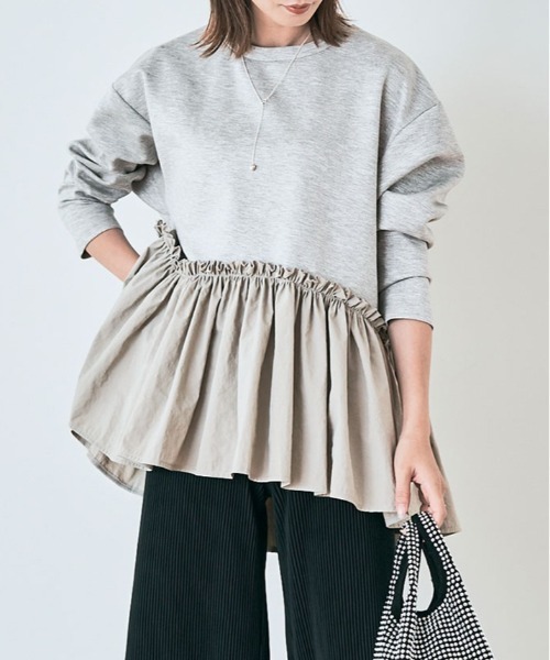 kirakiraShop(キラキラショップ)の「異素材 ペプラム ダンボール プルオーバー(スウェット・レディース・杢グレー/ブラック/オフホワイト/カーキ/ネイビー・FREE)」の13枚目の写真