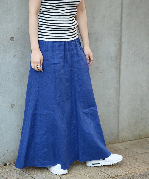 B.C STOCK（ベーセーストック）の「手洗い可 / フレンチリネンギャザースカート（スカート・レディース・ブラック/カーキ/ブルー/ホワイト/ブラックミックス・FREE）」の5枚目の写真