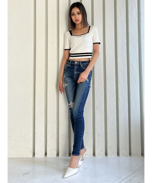 GYDA(ジェイダ)の「ミドルウエスト UNEVEN POCKET ダメージスキニーデニムパンツ(デニムパンツ・レディース・ブルー/ライトブルー・X-SMALL/SMALL/MEDIUM)」の7枚目の写真