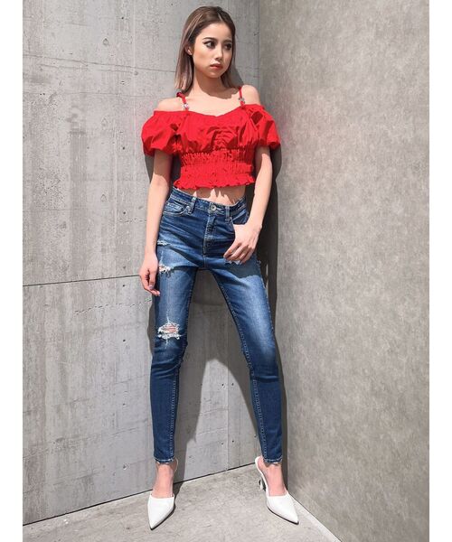 GYDA(ジェイダ)の「ミドルウエスト UNEVEN POCKET ダメージスキニーデニムパンツ(デニムパンツ・レディース・ブルー/ライトブルー・X-SMALL/SMALL/MEDIUM)」の13枚目の写真