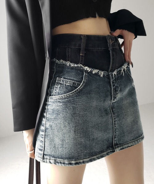 me+em select(ミームセレクト)の「※※【 3size / 2color 】ダメージドッキングヴィンテージデニムミニスカート /damage docking vintage denim mini skirt(デニムスカート・レディース・ブラック/ブルー・SMALL/MEDIUM/LARGE)」の8枚目の写真