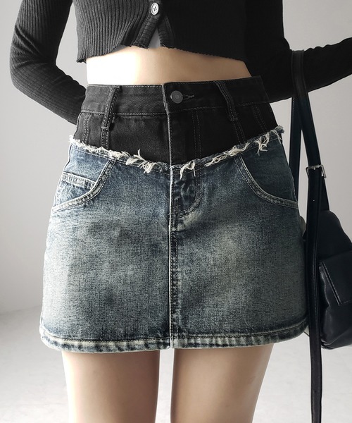 me+em select(ミームセレクト)の「※※【 3size / 2color 】ダメージドッキングヴィンテージデニムミニスカート /damage docking vintage denim mini skirt(デニムスカート・レディース・ブラック/ブルー・SMALL/MEDIUM/LARGE)」の11枚目の写真