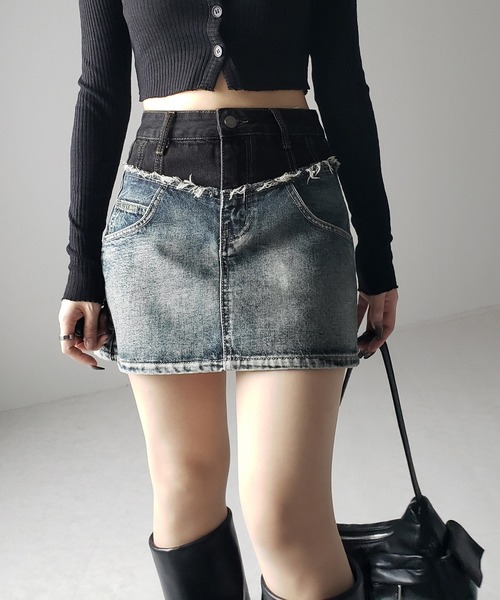 me+em select(ミームセレクト)の「※※【 3size / 2color 】ダメージドッキングヴィンテージデニムミニスカート /damage docking vintage denim mini skirt(デニムスカート・レディース・ブラック/ブルー・SMALL/MEDIUM/LARGE)」の12枚目の写真