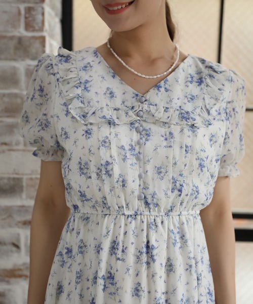 aimoha(アイモハ)の「レトロ風小花柄ワンピース(ワンピース・レディース・ベージュ/パープル・SMALL/MEDIUM/LARGE)」の8枚目の写真
