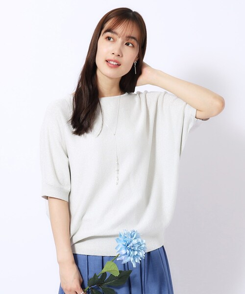 DRESKIP（ドレスキップ）の「◆【きらっと華やぐ】ラメが大人上品 ドルマンボートネック5分袖ニット（ニット/セーター・レディース・ライトブルー/シルバー/ゴールド/イエロー・02/03/04）」の3枚目の写真