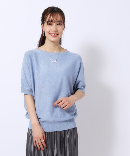 DRESKIP（ドレスキップ）の「◆【きらっと華やぐ】ラメが大人上品 ドルマンボートネック5分袖ニット（ニット/セーター・レディース・ライトブルー/シルバー/ゴールド/イエロー・02/03/04）」の5枚目の写真