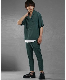 【MinoriTY】楊柳5分袖ポロシャツ+アンクルパンツセットアップ メンズ 開襟ポロシャツ テーパードパンツ 夏服