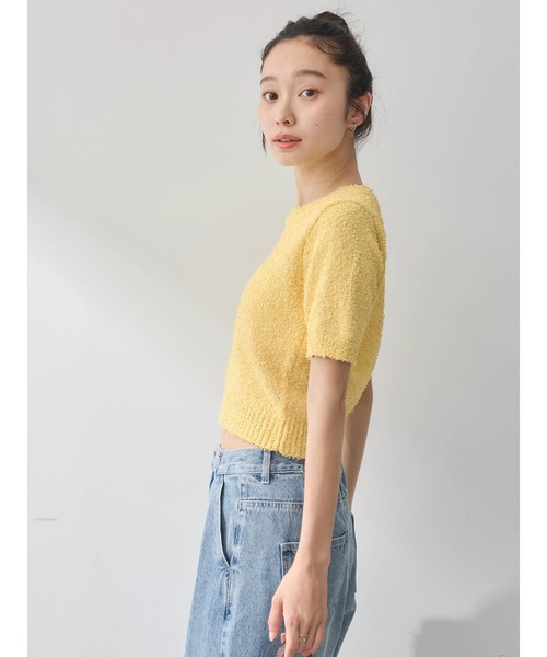 earth music&ecology（アースミュージックアンドエコロジー）の「ツイストブークレ半袖プルオーバー（Tシャツ/カットソー・レディース・ライトイエロー/ホワイト系その他2/チャコールグレー/グリーン・FREE）」の5枚目の写真