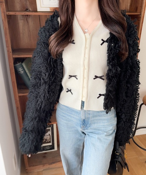 【mily bilet】程よい甘さで大人フェミニン。リボン使いVネックカーディガン mily bilet】程よい甘さで大人フェミニン。リボン使いVネック