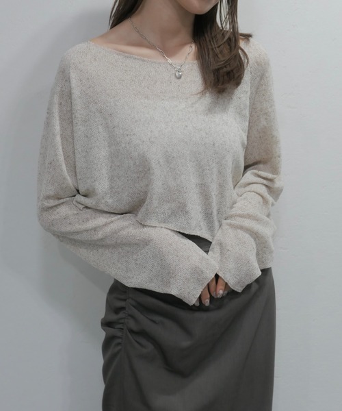ニット セーター シアーショートニット／ 長袖 クルーネック サマーニット クロップド丈 シンプル 大人カジュアル レイヤード 重ね着 韓国 アイボリ セール】シアーショートニット／ 長袖 クルーネック サマー