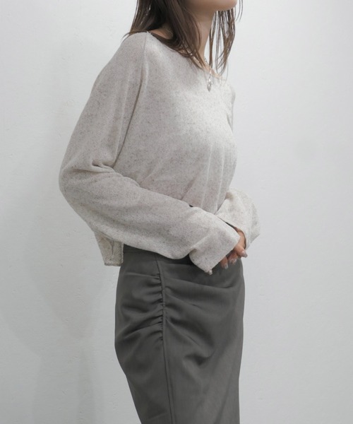 ニット セーター シアーショートニット／ 長袖 クルーネック サマーニット クロップド丈 シンプル 大人カジュアル レイヤード 重ね着 韓国 アイボリ セール】シアーショートニット／ 長袖 クルーネック サマー