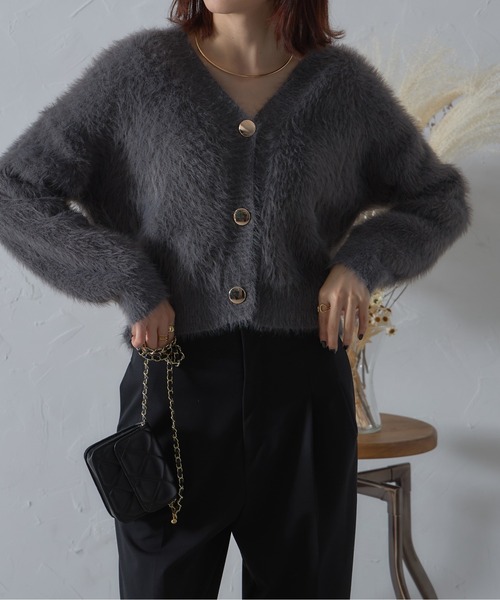 each（イーチ）の「ロングシャギー金ボタンショート丈カーディガン（カーディガン/ボレロ・レディース・グレー/ブラック/グレイッシュベージュ/モカ・FREE）」の16枚目の写真