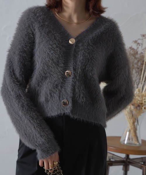 each（イーチ）の「ロングシャギー金ボタンショート丈カーディガン（カーディガン/ボレロ・レディース・グレー/ブラック/グレイッシュベージュ/モカ・FREE）」の19枚目の写真