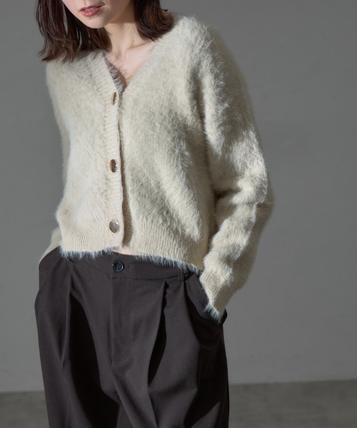 セール】ロングシャギー金ボタンショート丈カーディガン（カーディガン