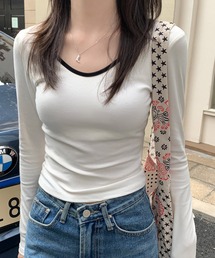 MEMECLE（メメクル）の「【 MEMECLE / メメクル 】カップ付き バイカラー スリムフィット 長袖 カットソー（Tシャツ/カットソー）」