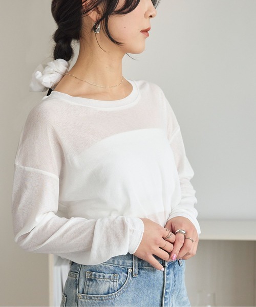 LinoU.（リノユー）の「ロングスリーブシアートップス（Tシャツ/カットソー・レディース・ライトブルー/ブラック/ホワイト/ピンク/イエロー/ライトグリーン・FREE）」の3枚目の写真