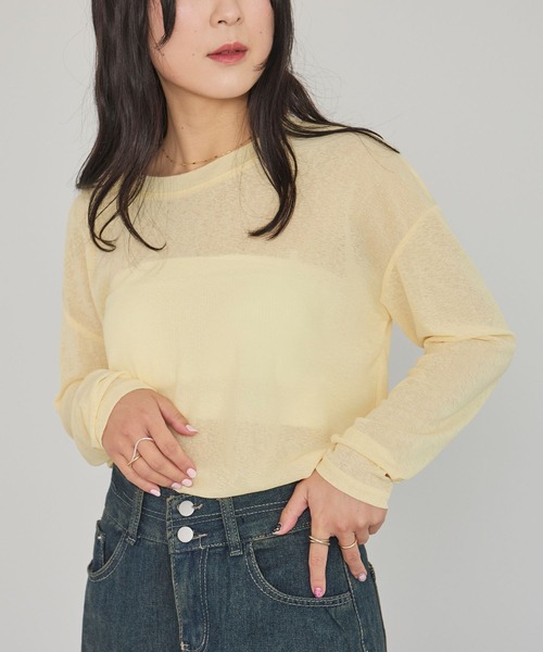 LinoU.（リノユー）の「ロングスリーブシアートップス（Tシャツ/カットソー・レディース・ライトブルー/ブラック/ホワイト/ピンク/イエロー/ライトグリーン・FREE）」の6枚目の写真
