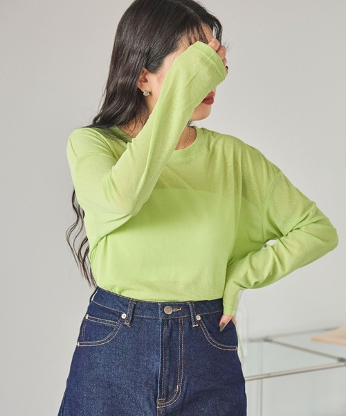 LinoU.（リノユー）の「ロングスリーブシアートップス（Tシャツ/カットソー・レディース・ライトブルー/ブラック/ホワイト/ピンク/イエロー/ライトグリーン・FREE）」の5枚目の写真
