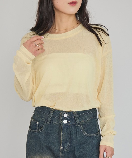 LinoU.（リノユー）の「ロングスリーブシアートップス（Tシャツ/カットソー・レディース・ライトブルー/ブラック/ホワイト/ピンク/イエロー/ライトグリーン・FREE）」の11枚目の写真
