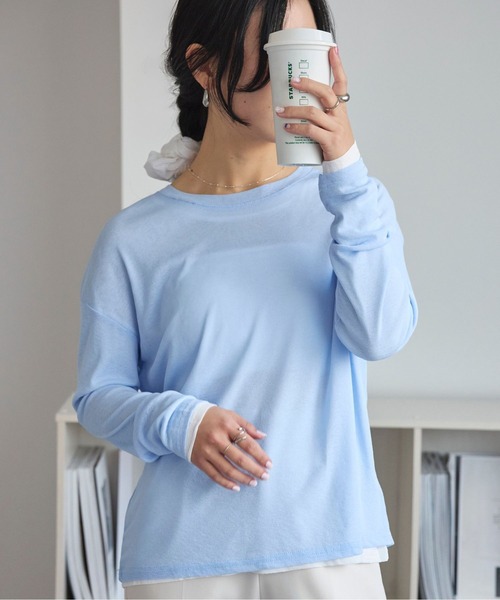 LinoU.（リノユー）の「ロングスリーブシアートップス（Tシャツ/カットソー・レディース・ライトブルー/ブラック/ホワイト/ピンク/イエロー/ライトグリーン・FREE）」の7枚目の写真