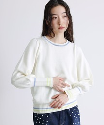 配色ラインパフスリーブニット