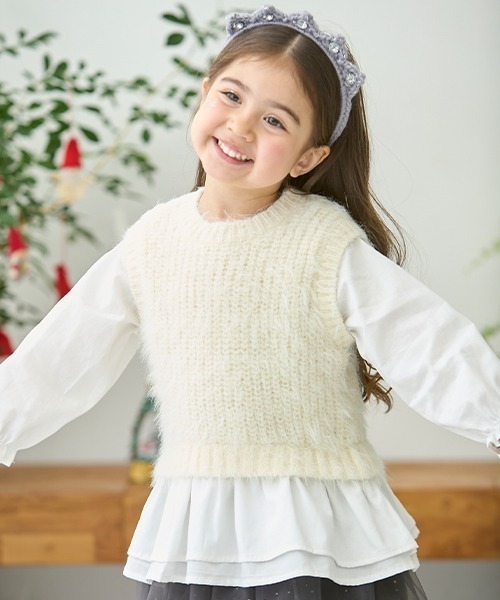 petit main（プティマイン）の「【リンク】シャギードッキングブラウス(キッズサイズ)（シャツ/ブラウス・キッズ・アイボリー/ライトピンク・80ｃｍ/120cm/100cm/110cm/90cm/130cm）」の3枚目の写真