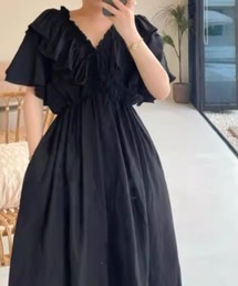 Vネックフリル半袖ロングワンピース