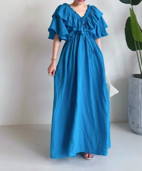 hallelujahフリルロングワンピース 半袖 Vネックフリル半袖ロングワンピース（ワンピース）｜deux amour