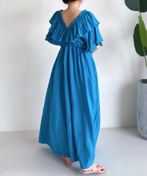 Vネックフリル半袖ロングワンピース（ワンピース）｜deux amour