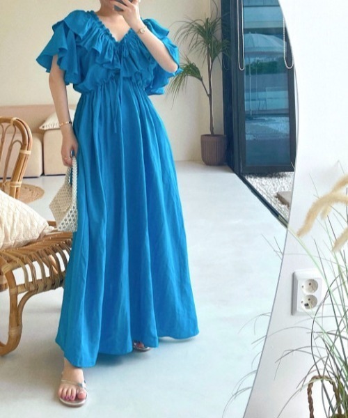 Vネックフリル半袖ロングワンピース（ワンピース）｜deux amour