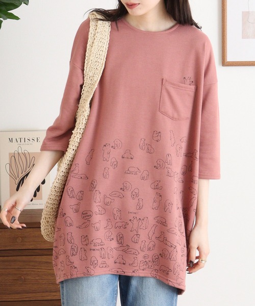 Quelle Chance(ケルシャンス)の「くまうじゃうじゃプリントチュニック(Tシャツ/カットソー・レディース・スモークピンク/ベージュ/ネイビー・M)」の8枚目の写真