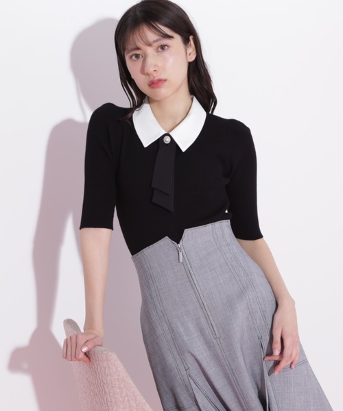JILL by JILL STUART(ジルバイジルスチュアート)の「◇襟付きリボンタイニットトップス 5分袖(ニット/セーター・レディース・グレー/ブルー/ブラック/ホワイト系その他・FREE)」の5枚目の写真