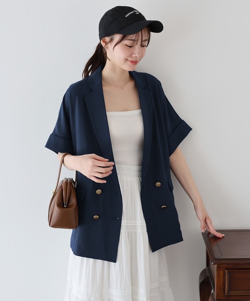 BLUEEAST（ブルーイースト）の「《新色追加》リネンライク半袖シャツジャケット（テーラードジャケット・レディース・ベージュ/アイボリー/ブラック/ブラウン/ネイビー・MEDIUM）」の5枚目の写真